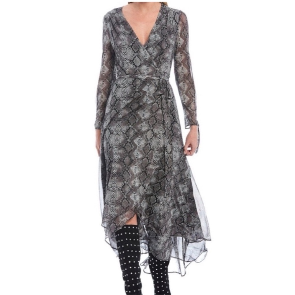 Betsey Johnson Snake Print Bow Sleeve Wrap Maxi Dress Gray Black Evening Formal - Picture 6 of 16